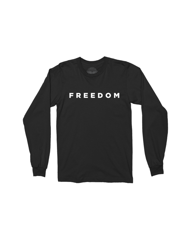 Black long-sleeve shirt with 'FREEDOM' printed on it against a white background