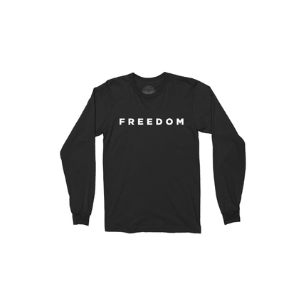 Black long-sleeve shirt with 'FREEDOM' printed on it against a white background
