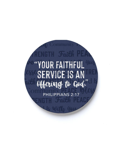 Round blue coaster with white text on a white background