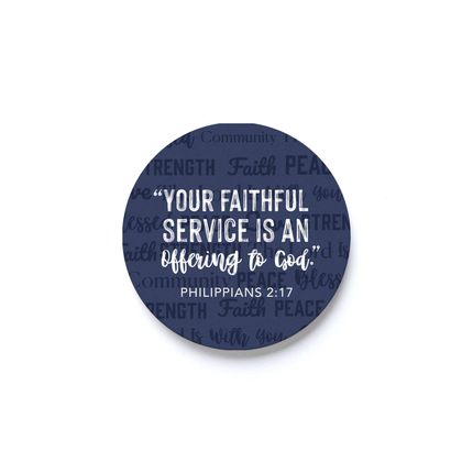 Round blue coaster with white text on a white background