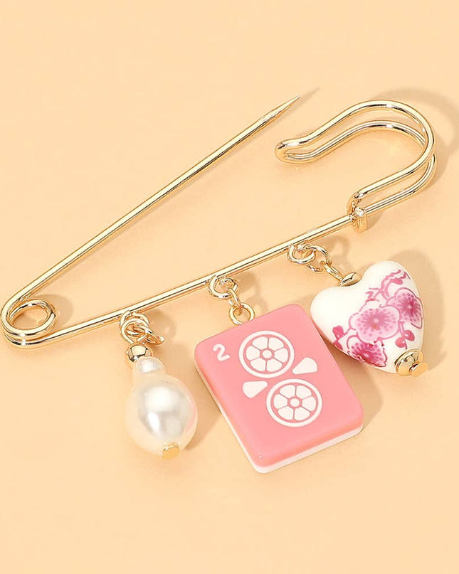 Floral Heart Mahjong Tile Pearl Charm Drop Safety Pin Brooch