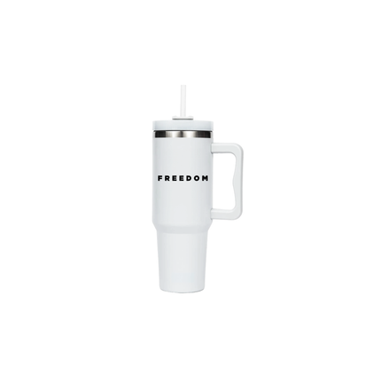 White mug with handle and 'FREEDOM' text on a white background