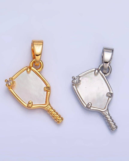 24K Gold Filled CZ Shell Pearl Pickle Ball Racket Pendant in Gold & Silver | AA1017