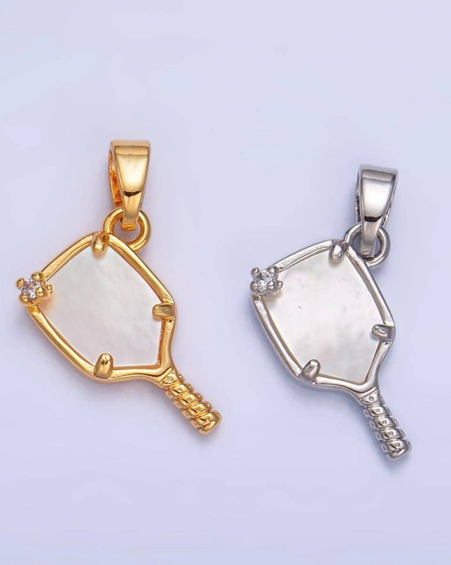 24K Gold Filled CZ Shell Pearl Pickle Ball Racket Pendant in Gold & Silver | AA1017