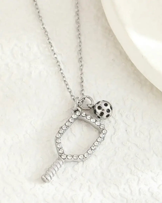 Pickleball Necklace Stainless Steel Rhines Stone Ball Charm