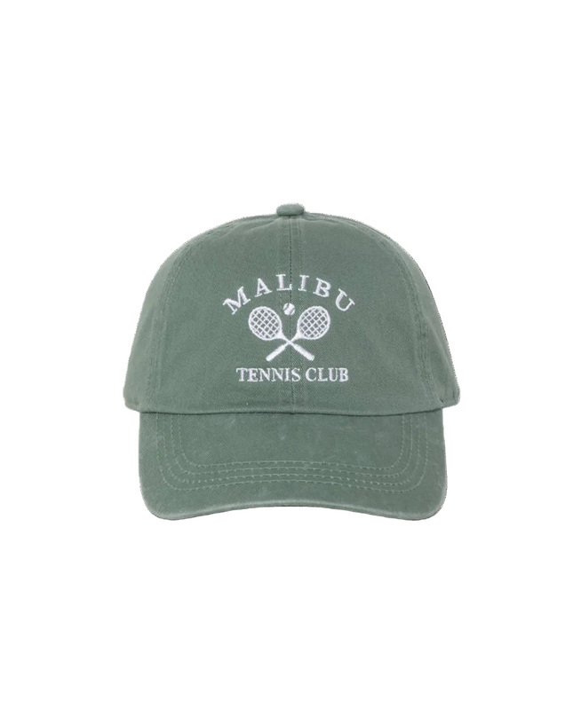 Green cap with 'Malibu Tennis Club' text and tennis racket graphics on a white background