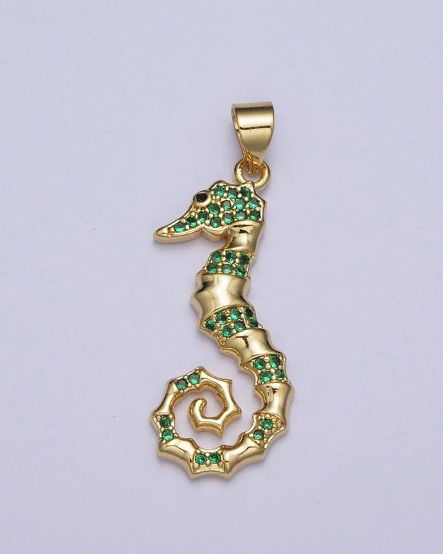 Emerald Green Micro Pave Cubic Zirconia Seahorse Ocean Wildlife Gold Charm For Jewelry Making | X-475