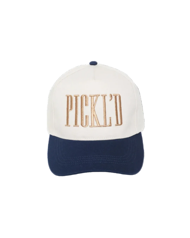 White and navy cap with 'PICKL'D' text on a white background