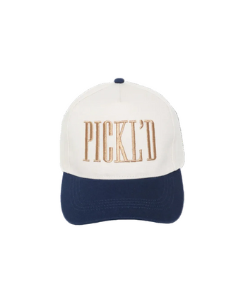 White and navy cap with 'PICKL'D' text on a white background