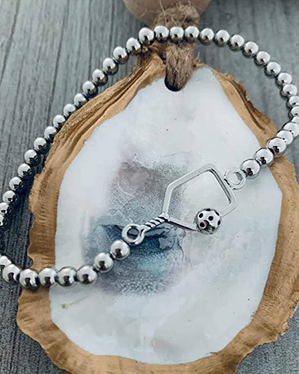 Pickleball Beaded Stretch Bracelet - Silver