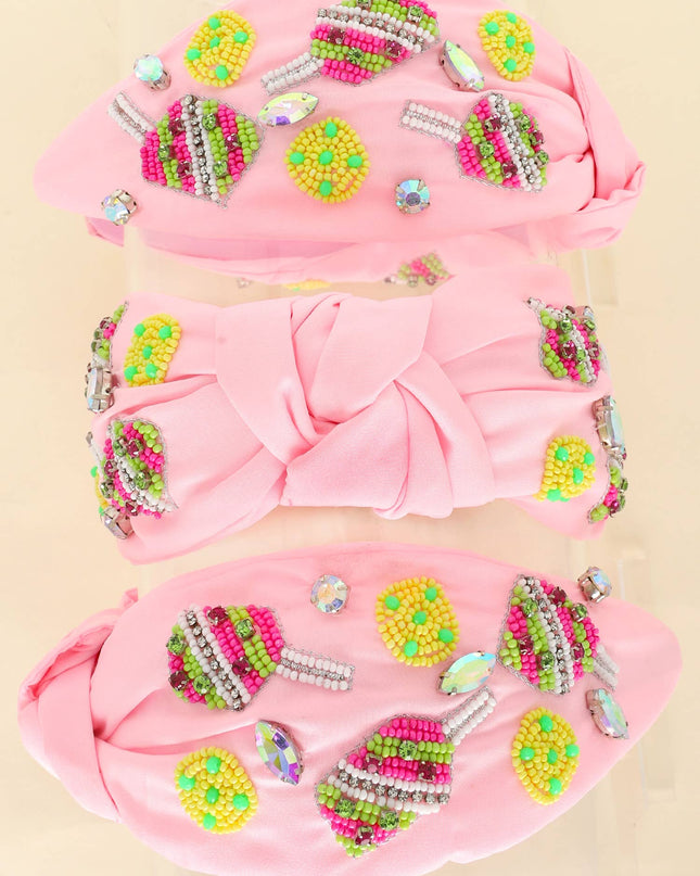 Pickle Ball Embellished Knotted Headband Pink