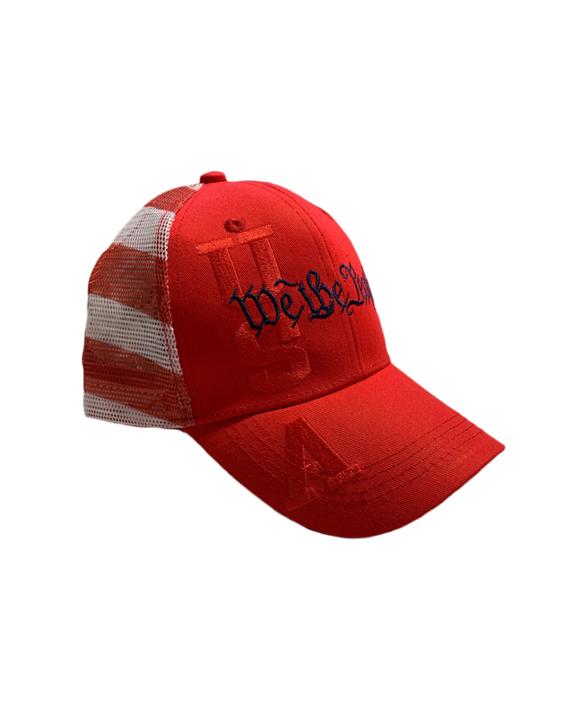 Red cap with white mesh back on a white background