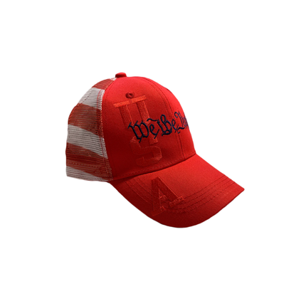 Red cap with white mesh back on a white background