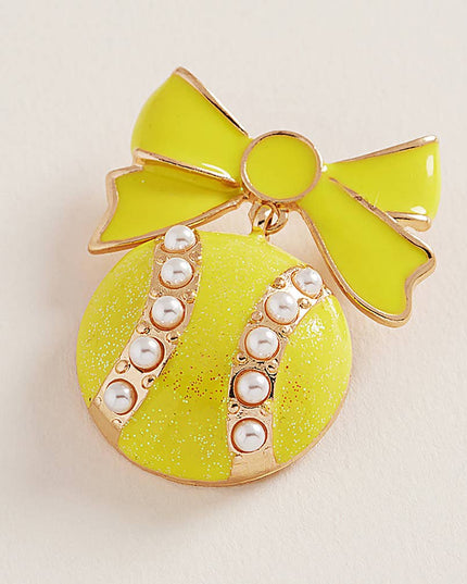 Pearl Enamel Tennis Ball Bow Pin Brooch