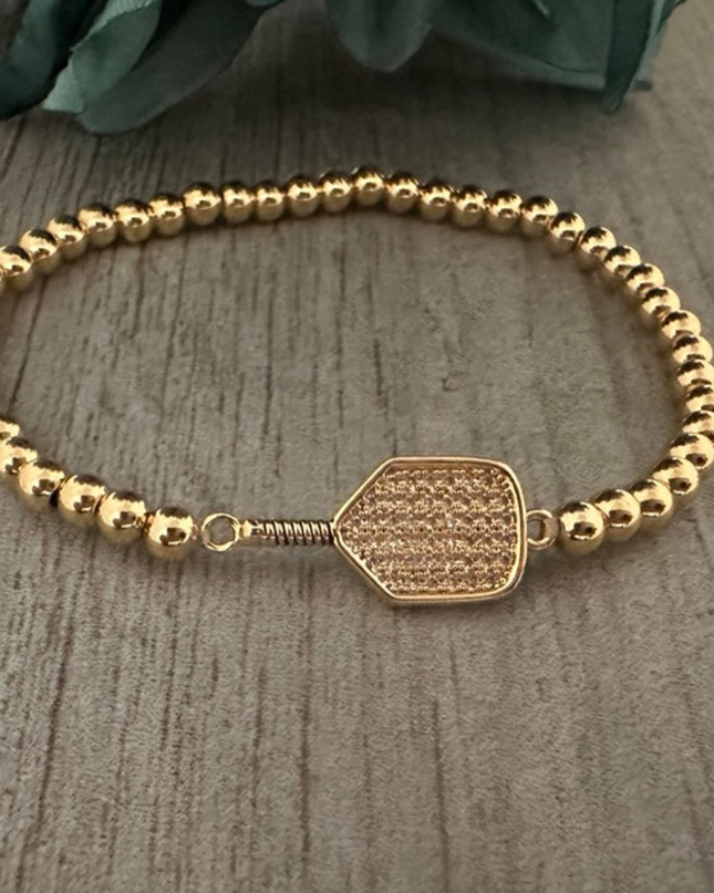 Pickleball Beaded Stretch Rhinestone Bracelet -Gold