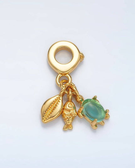24K Gold Filled Fish Sea Shell CZ Rhondelle Bail Triple Ocean Drop Pendant | AC087