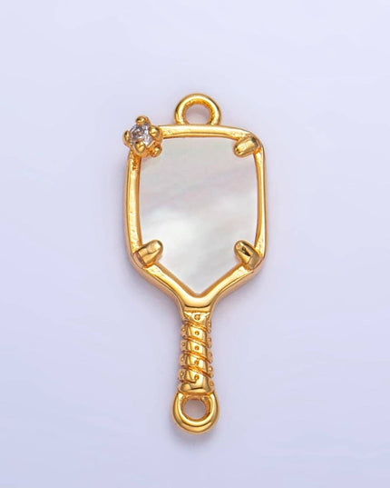24K Gold Filled CZ Shell Pearl Pickle Ball Racket Pendant in Gold & Silver | F730
