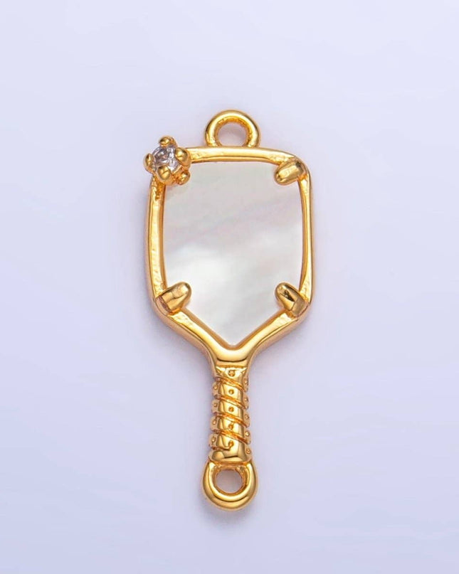 24K Gold Filled CZ Shell Pearl Pickle Ball Racket Pendant in Gold & Silver | F730