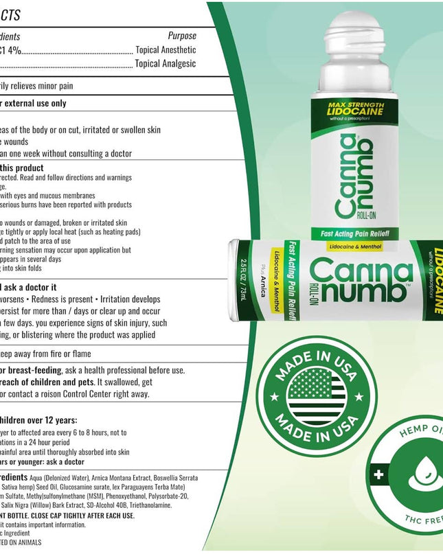 Canna Numb product packaging with label and ingredients list on a green background