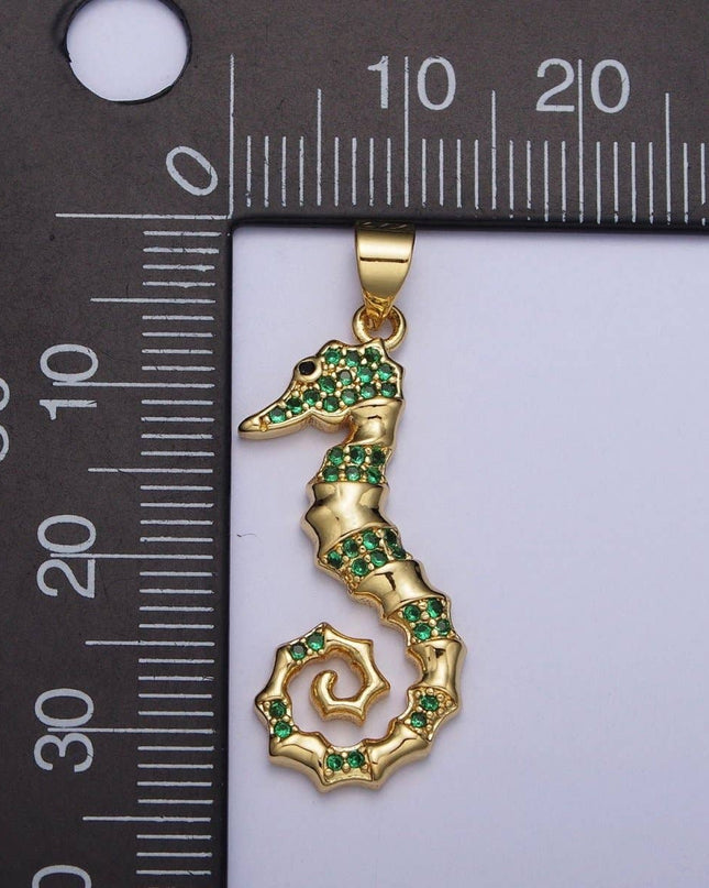 Emerald Green Micro Pave Cubic Zirconia Seahorse Ocean Wildlife Gold Charm For Jewelry Making | X-475