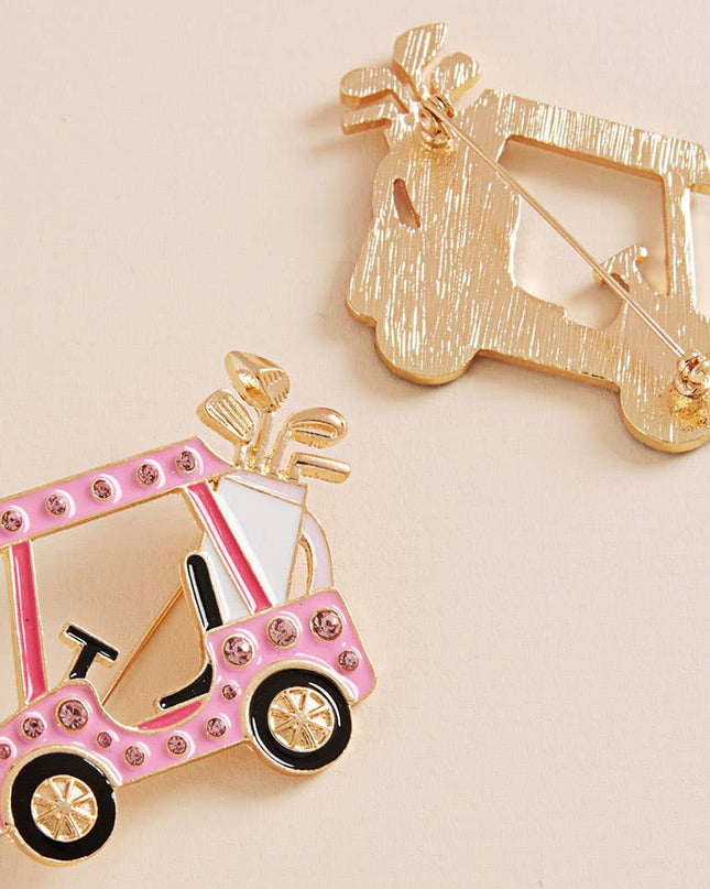 Enamel Rhinestone Accent Golf Cart Clubs Pin Brooch