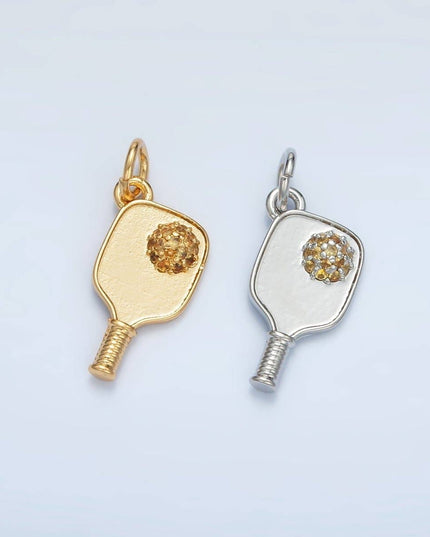Minimalist Pickle Ball Charm in 24K Gold Filled Pendant Sports Paddle with CZ Ball  D-620