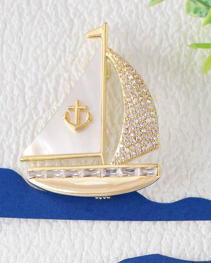 Crystal Rhinestone Sail Boat Brooch Pin