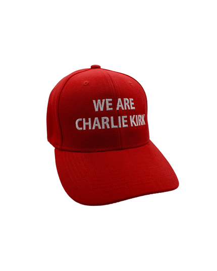 Red cap with 'WE ARE CHARLIE KIRK' text on a white background