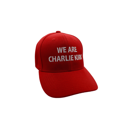 Red cap with 'WE ARE CHARLIE KIRK' text on a white background