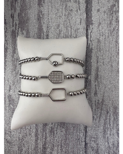 Pickleball Beaded Stretch Bracelet - Silver