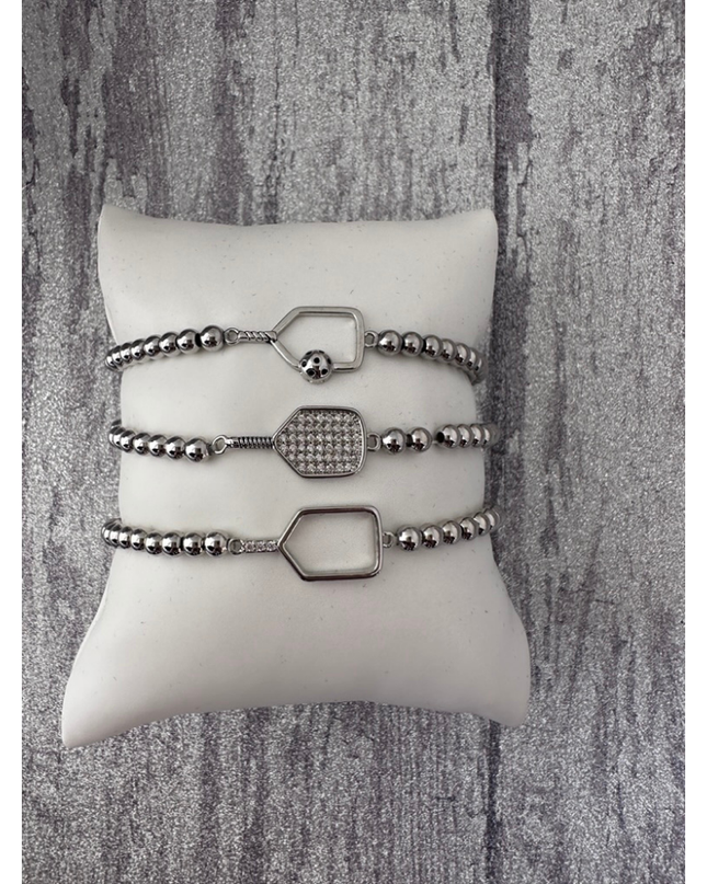 Pickleball Beaded Stretch Bracelet - Silver