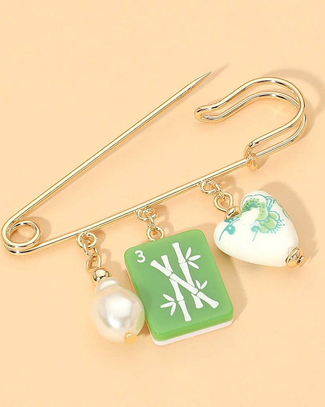 Floral Heart Mahjong Tile Pearl Charm Drop Safety Pin Brooch