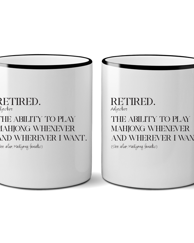 Two white mugs with black handles and退休 related text on a white background