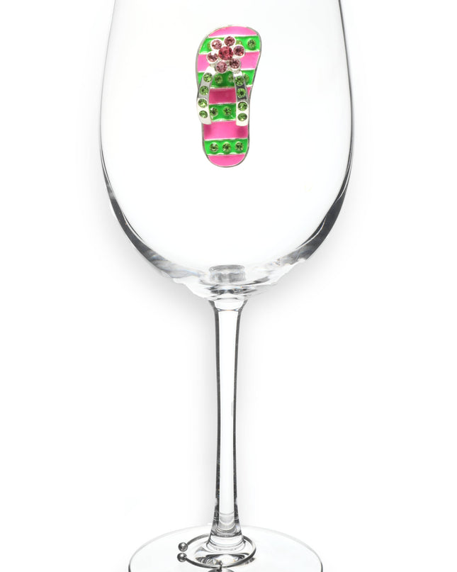 Pink and Green Flip Flop Jeweled Stemmed Wine Glass
