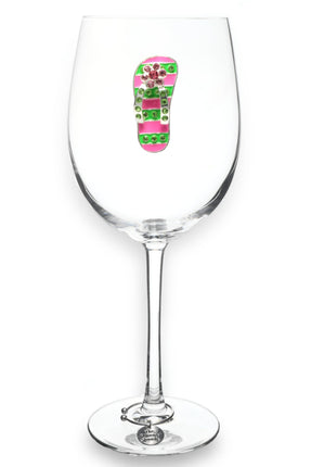 Pink and Green Flip Flop Jeweled Stemmed Wine Glass