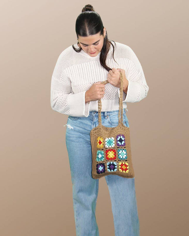 Khaki Floral Crochet Shoulder Bag