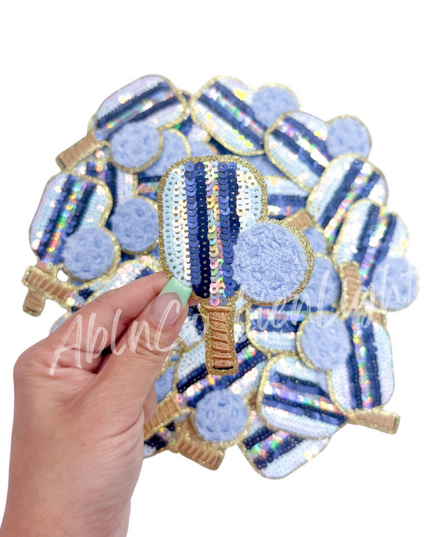 Blue Pickleball Paddle Sequins Glitter Iron On Patch