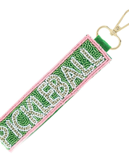 Pickleball Seed Beaded Rhinestone Keychain Green/Pink