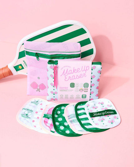 Makeup eraser set with packaging on a pink background