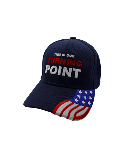 Navy blue cap with American flag design and text on a white background