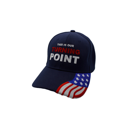 Navy blue cap with American flag design and text on a white background