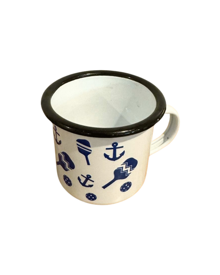 White mug with blue nautical designs on a white background