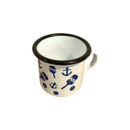 White mug with blue nautical designs on a white background