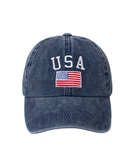 Navy blue cap with 'USA' and American flag on a light gray background