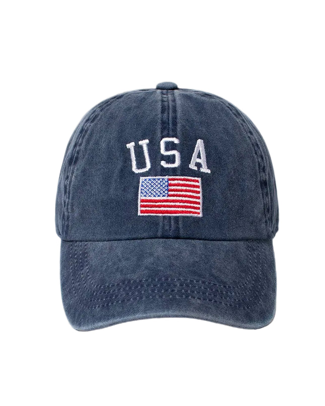 Navy blue cap with 'USA' and American flag on a light gray background