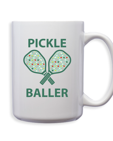 White mug with pickleball design and text on a white background