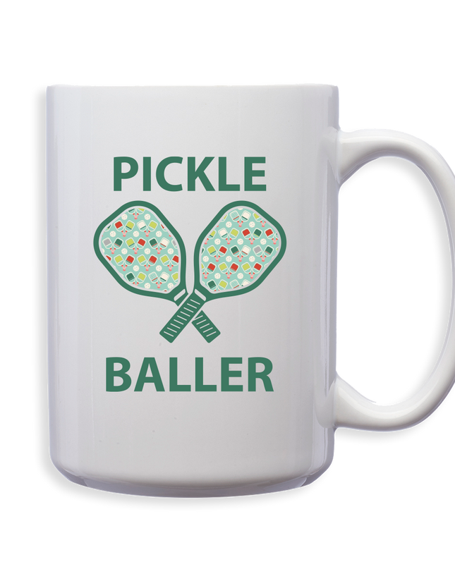 White mug with pickleball design and text on a white background