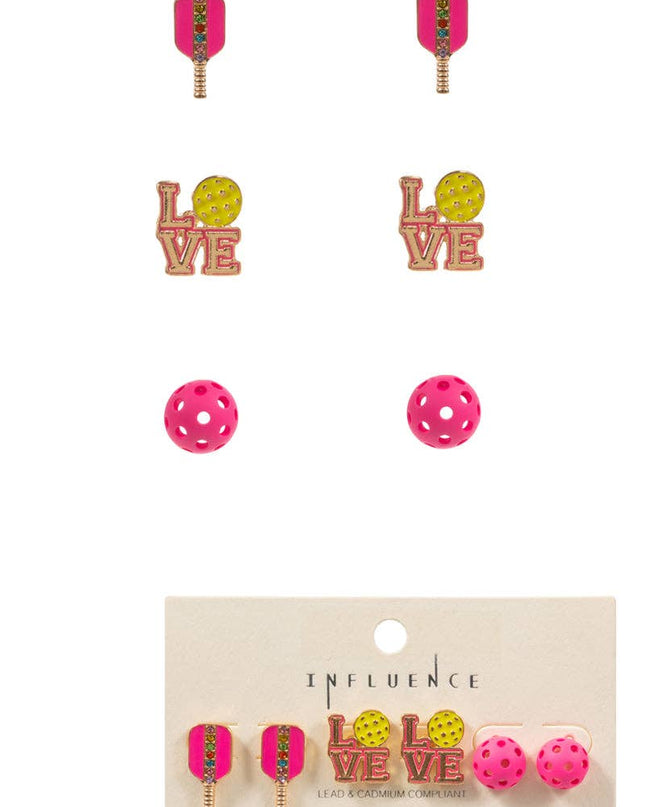 Pickleball Enamel Print 3 Set Post Earrings