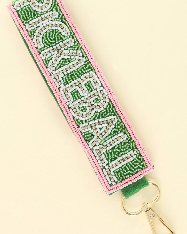 Pickleball Seed Beaded Rhinestone Keychain Green/Pink