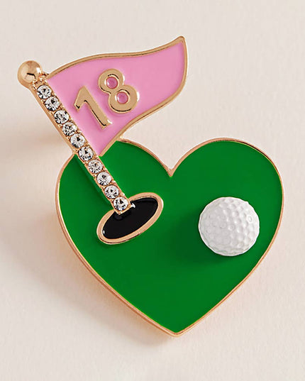 Enamel Rhinestone Accent Heat Shaped Golf Green Pin Brooch